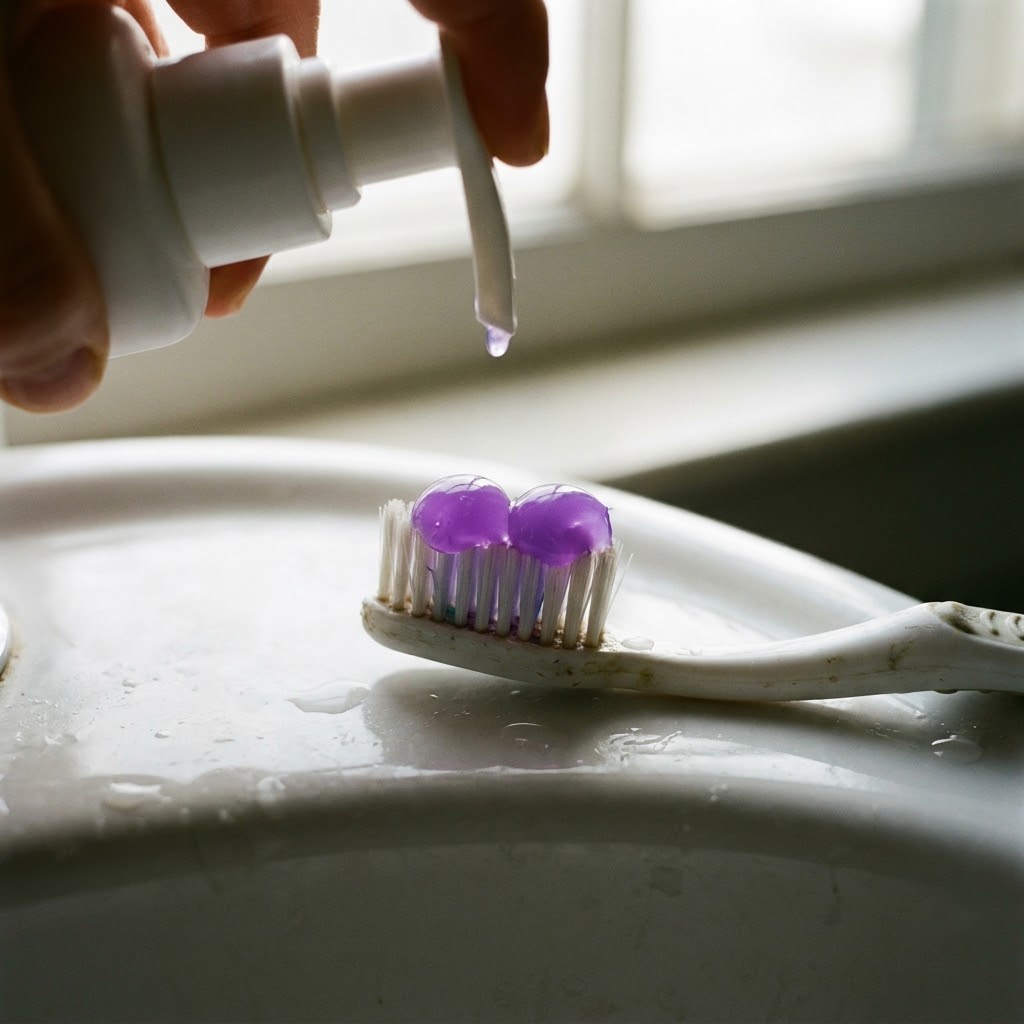 Las dos pulsaciones de gel violeta sobre el cepillo
