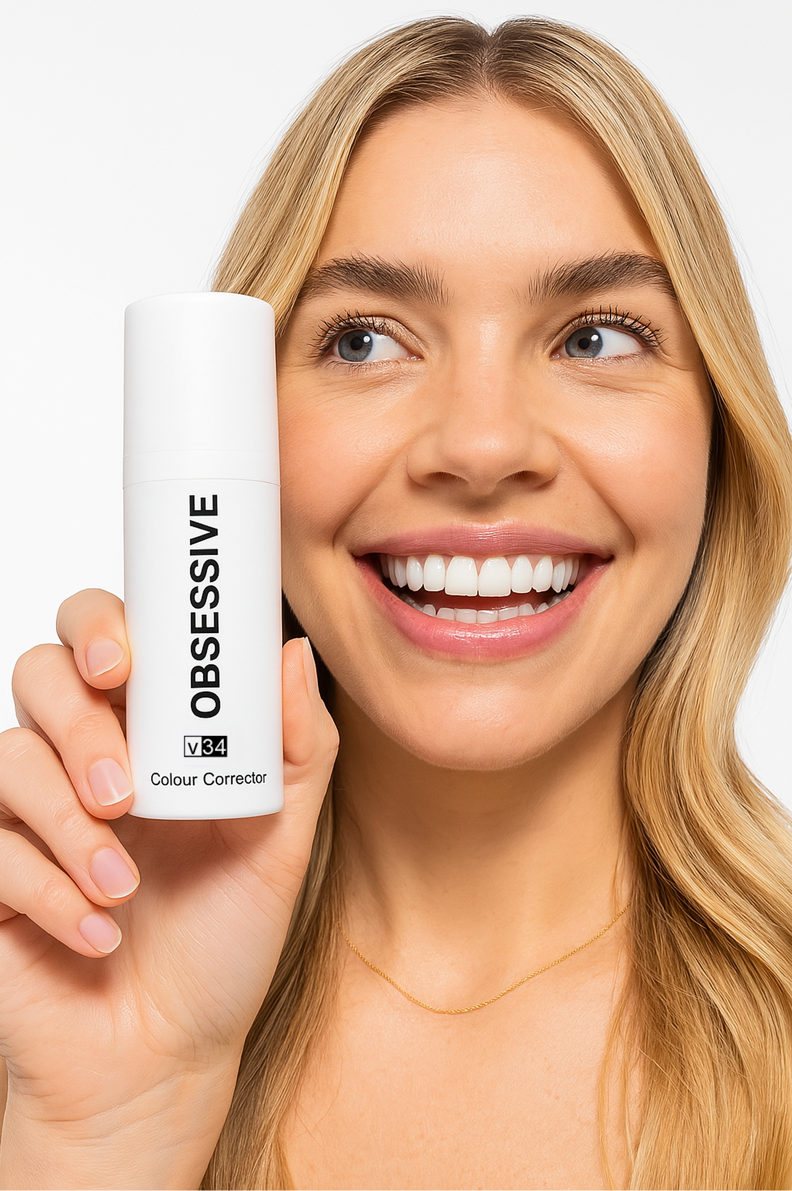 A person applying Purple V34 dental care product to their teeth