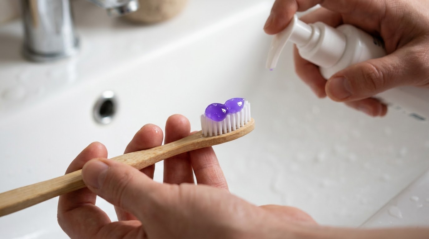 Aplicación del gel violeta sobre el cepillo
