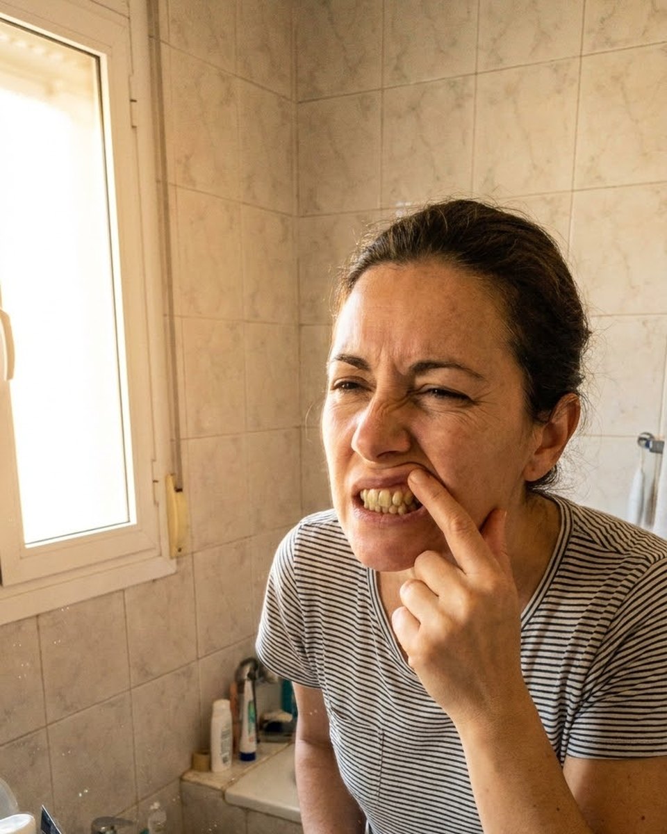 Mujer mirándose los dientes en el espejo del baño