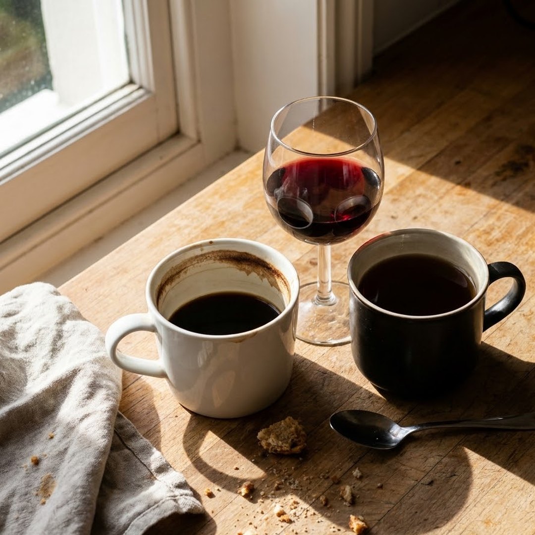 Café, vino y té sobre la mesa