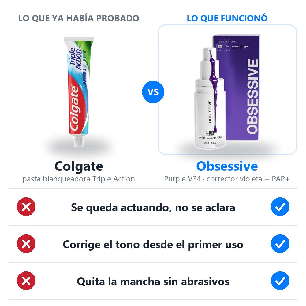 La pasta blanqueadora de Colgate que probé, al lado del Purple V34 de Obsessive