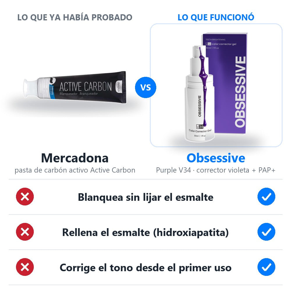 La pasta de carbón activo de Mercadona que probé, al lado del Purple V34 de Obsessive