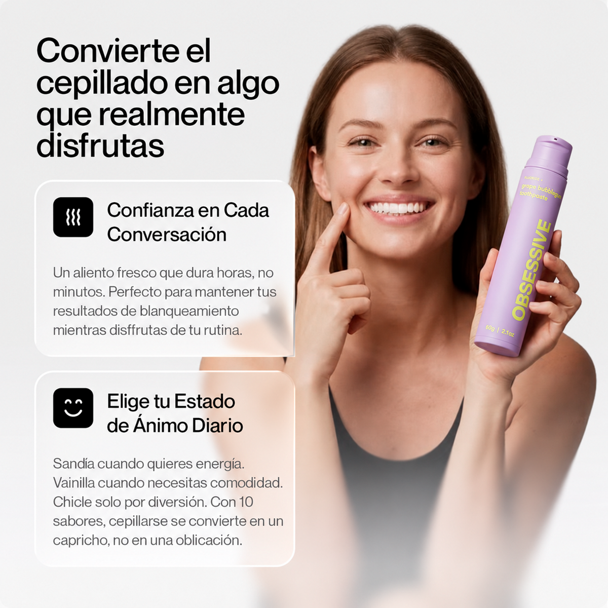 Chica con una pasta de dientes de sabores Obsessive