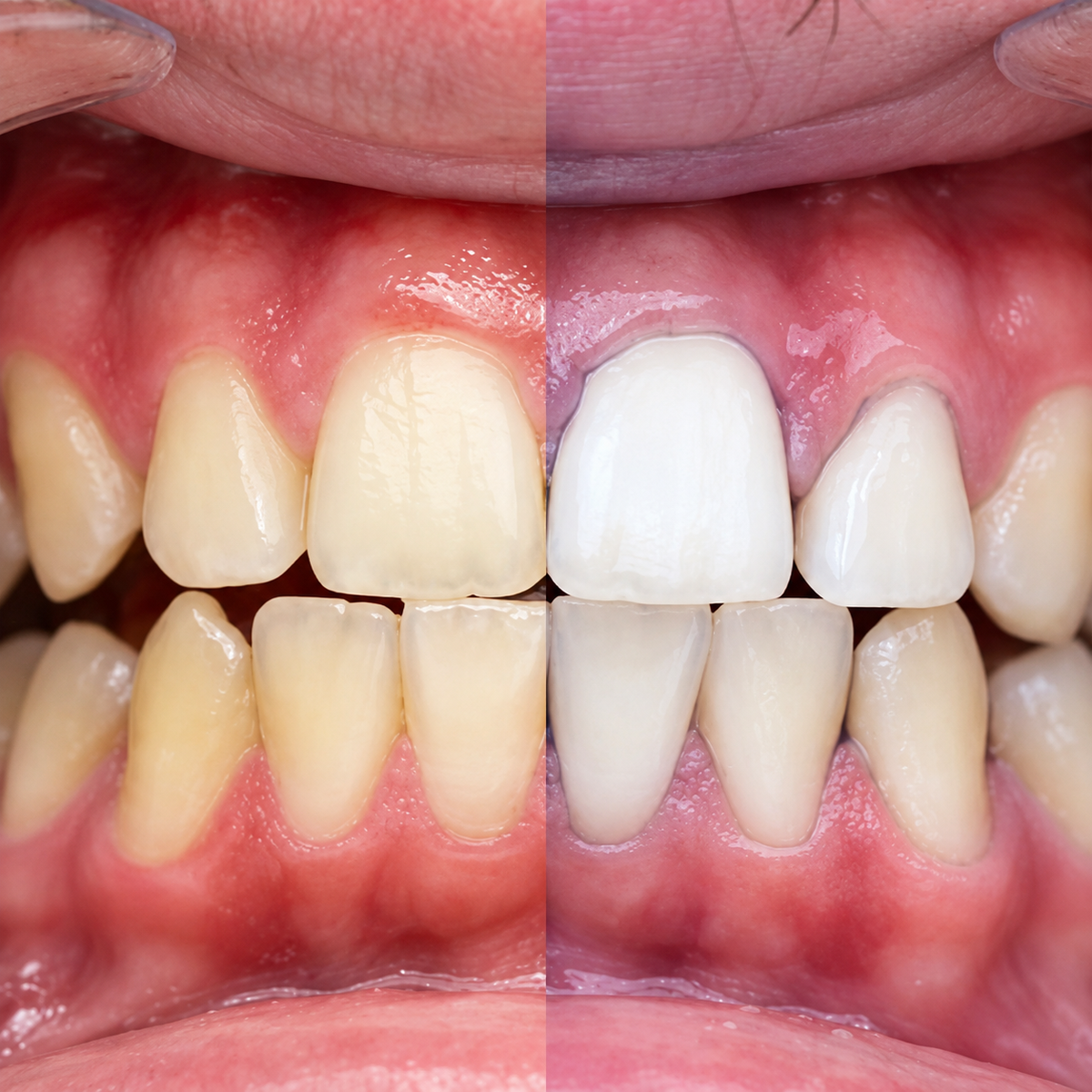 Antes y después de Purple V34 en la misma sonrisa